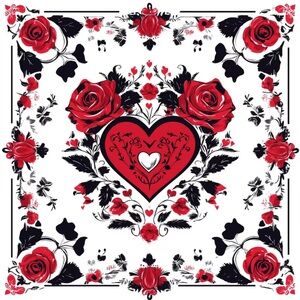 Red Rose Heart Scarf • Romantic Floral Square Scarf ~ Black White & Red